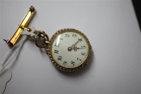 An early 20th century 18ct gold, seed pearl encrusted set fob watch, overall 2in.